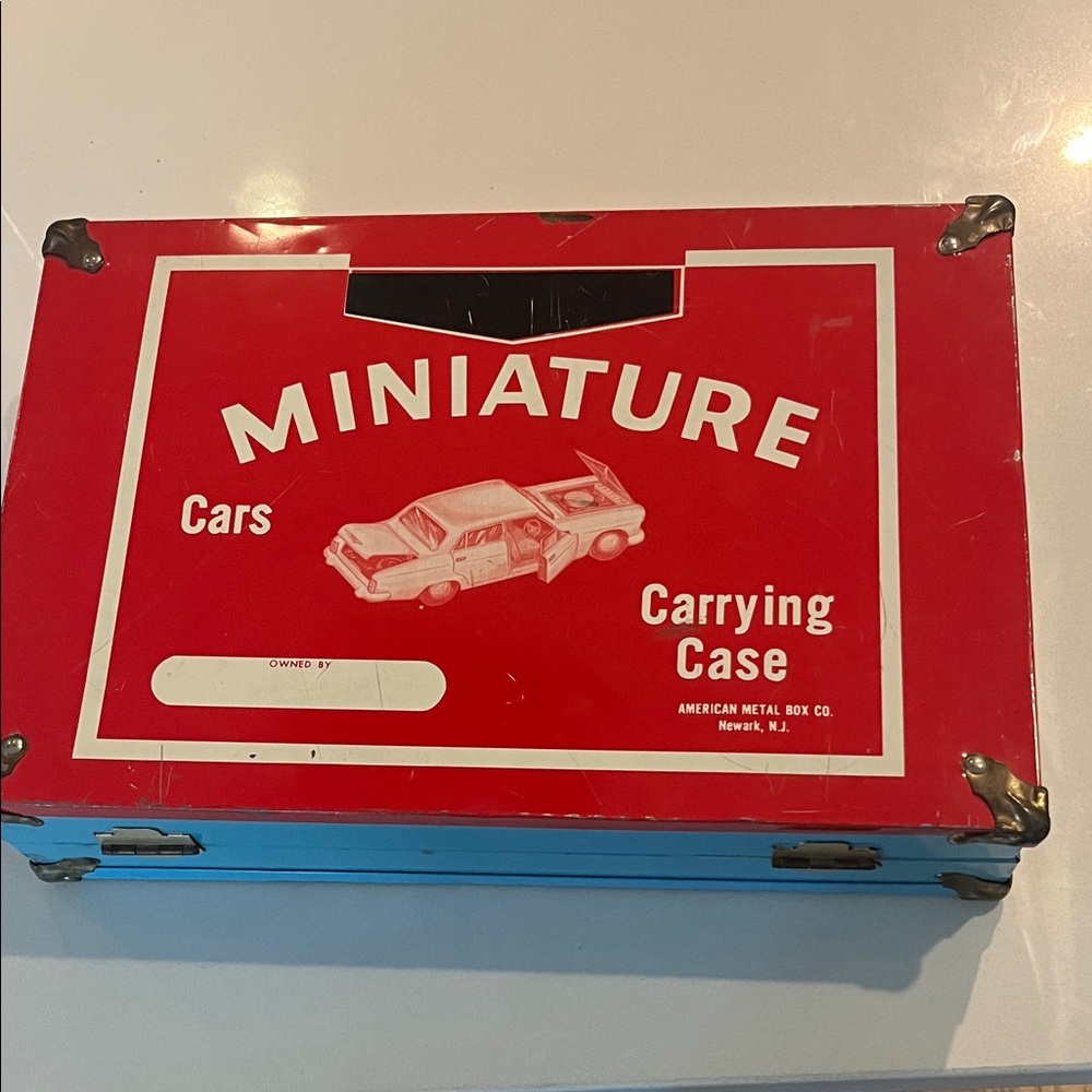 Vintage American Metal Red and Blue Miniature Cars Carrying Case